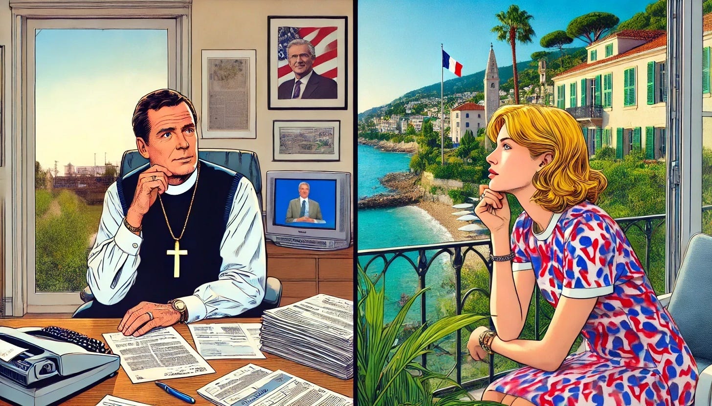 A photo-realistic, comic-style image with two panels set in an American scene: In the first panel, a modern reverend in his early 60s, dressed casually with a clerical collar, sits in a contemporary home office. Behind him, a television screen or window view shows an American election scene with campaign posters, U.S. flags, and people voting, emphasizing the political atmosphere. He looks thoughtful, gazing at a letter he is about to write. In the second panel, a strawberry blonde woman in her early 40s sits on a porch overlooking a classic American small-town street with brick buildings, trees, and a flagpole. She holds a pen and contemplates her final response, with a stack of past letters beside her. She is now wearing a solid-colored dress, either blue or white, creating a clean and elegant look. The contrast between their environments highlights their differing worlds while maintaining a deep, reflective connection. There is no visible text in the image.