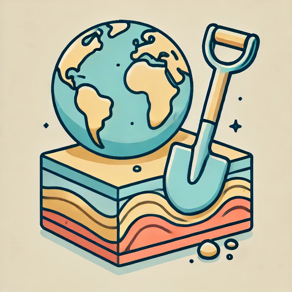 A simple and clean vector graphic showing a cartoon-style shovel digging into the Earth with a globe in the background. The Earth is illustrated as a cross-section, showing layers like the crust, mantle, and core, with a path leading from one side of the globe to the other. The overall design is minimalistic with soft colors, focusing on the concept of digging through the Earth to reach the other side.