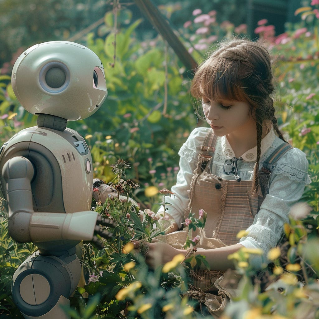 A young woman and a cute robot working in the garden. 