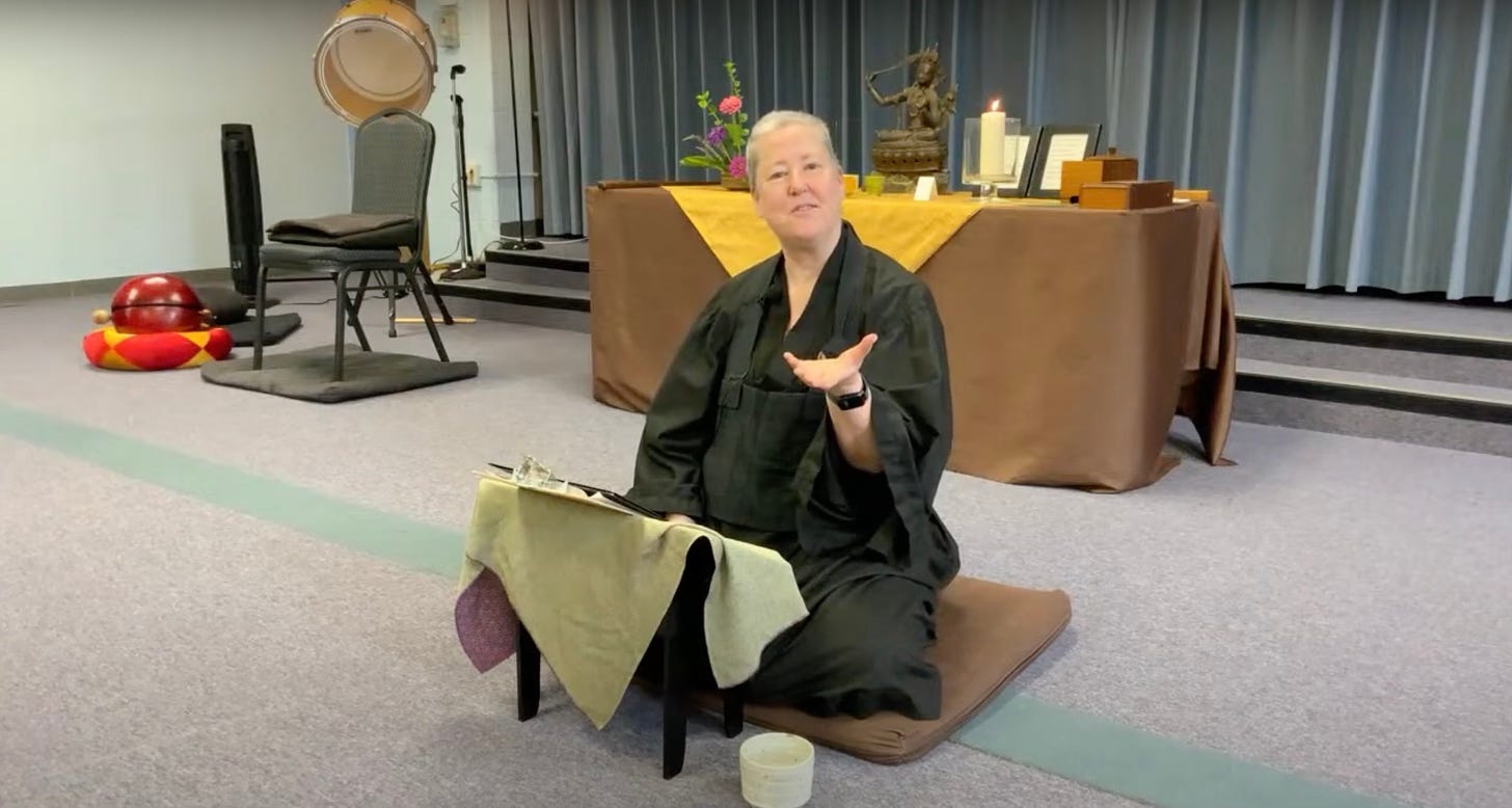 A video still from the Youtube video of Sal Gessho Randolph’s talk at the Village Zendo’s summer retreat.