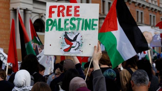 Protesters hold signs and flags during a demonstration in support of Palestinians in Gaza in Vienna, Austria, on October 21, 2023. Photo: Reuters