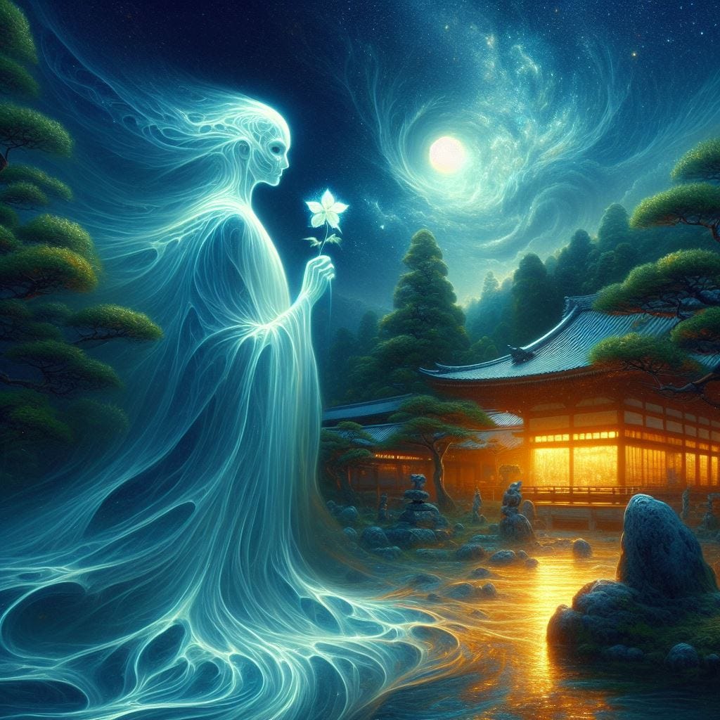 hyper realistic; tilt shift /oil painting; supernatural being standing in Ryoan-ji Temple Garden (Kyoto, Japan). Zen rock garden. tranquility. being  leans toward camera.The light of the being is a see through white-blue-green in aura. being holds flower. golden silken streams. White wispy clouds low to the ground. There are dark blue tree silhouettes background. There is a blazing sun in a dark black sky full of stars. vast distance. Chunky oil painting