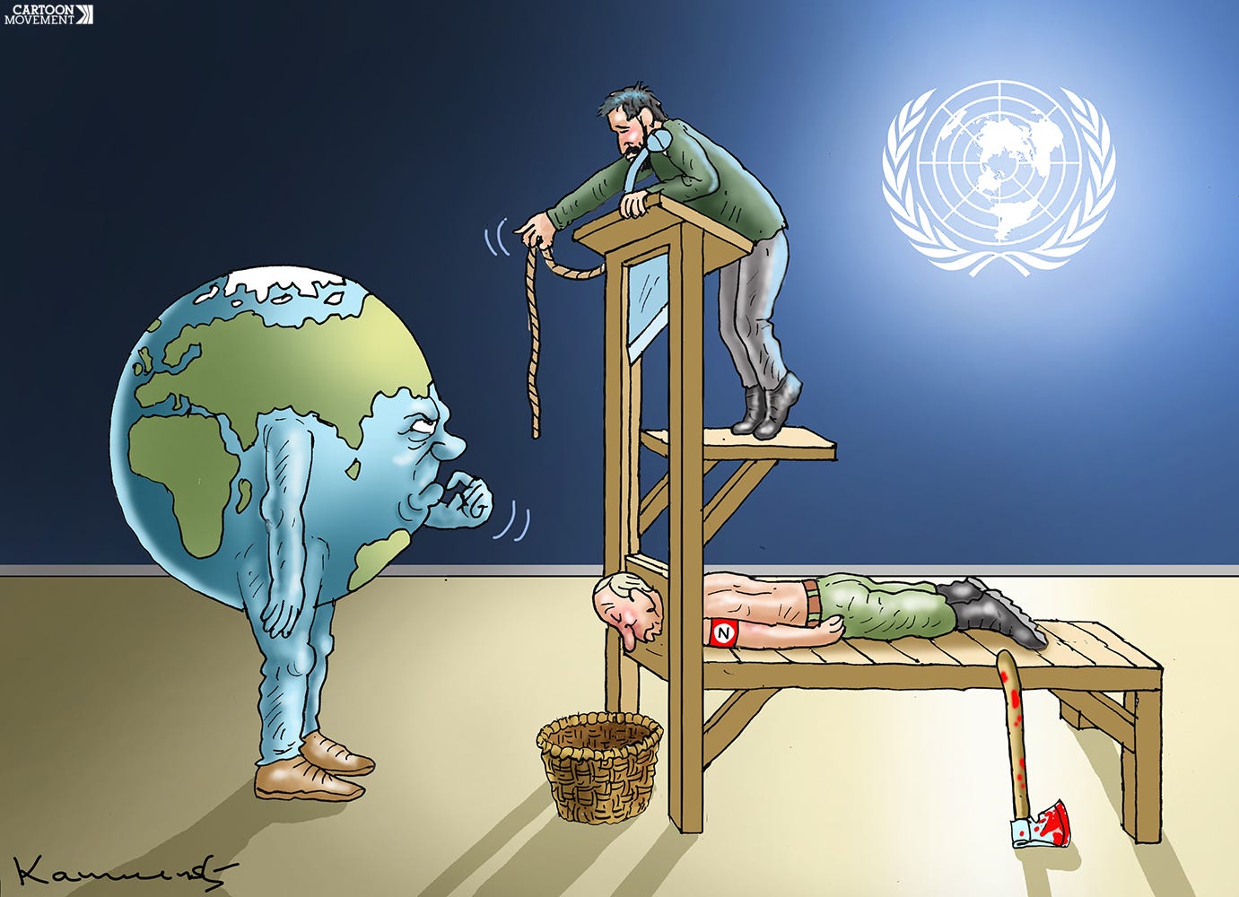 Cartoon showing Putin lying with his head in a guillotine while Zelensky is trying to convince the world to pull the string that will release the blade. In the sky, a UN logo shines like the moon.