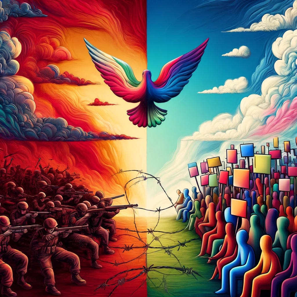 A vibrant and high-resolution symbolic representation of global conflict and activism. The image features a divided landscape: one side depicts a war-torn environment with vivid reds and dark greys, showing abstract soldiers and smoke, symbolizing conflict; the other side shows a peaceful protest with diverse, anonymous figures holding colorful placards, representing activism and peace. A bright, blue sky with a dove flying over a barbed wire in the center, symbolizing hope. The style is more colorful and dramatic, enhancing the visual impact.