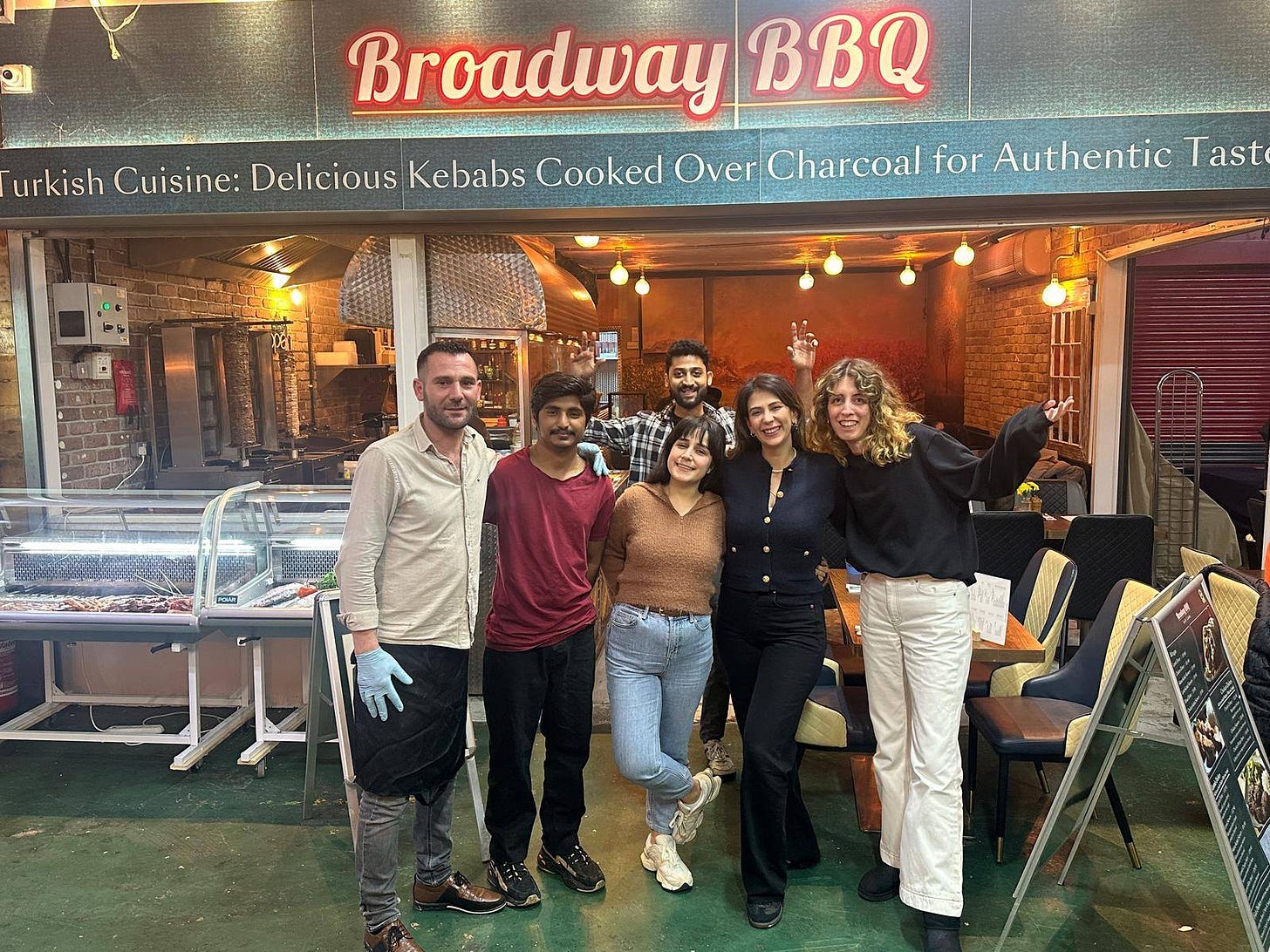 May be an image of 5 people and text that says "Broadway BBQ urkish Cuisine: Delicious Kebabs Cooked Over Charcoal for Authentic Tast"