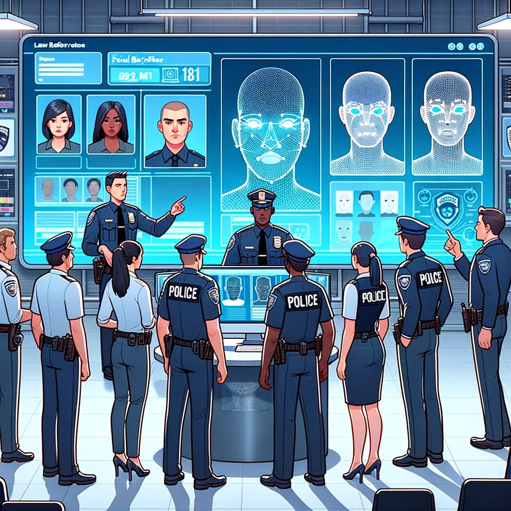 Cel-shaded 3D art of a modern police station. Diverse law enforcement officers gather around a large screen displaying facial recognition technology. On the screen, various facial profiles are highlighted with data points. Officers of different genders and descents discuss the information, emphasizing tech's role in modern policing.