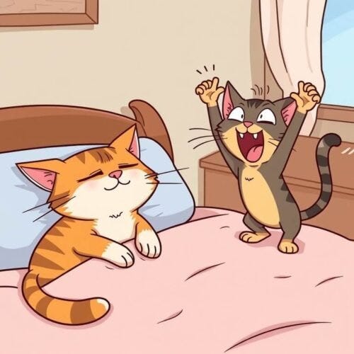 Cartoon image of a tired cat napping on a bed, getting shouted at by a very excited and inspired cat.