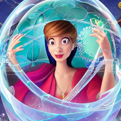 A cartoon of A woman inside a crystal ball looking surprised