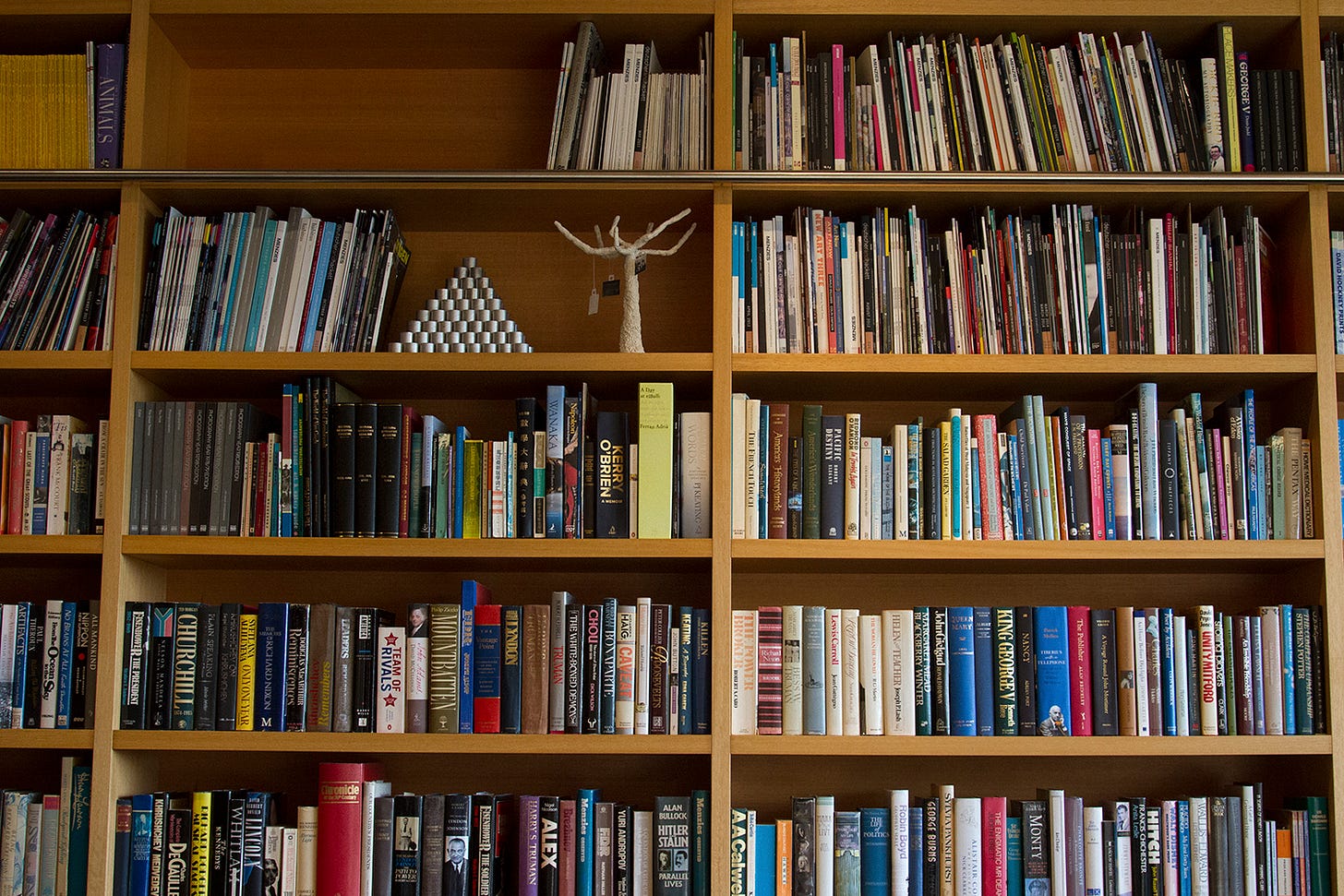 Shelves lined with books.