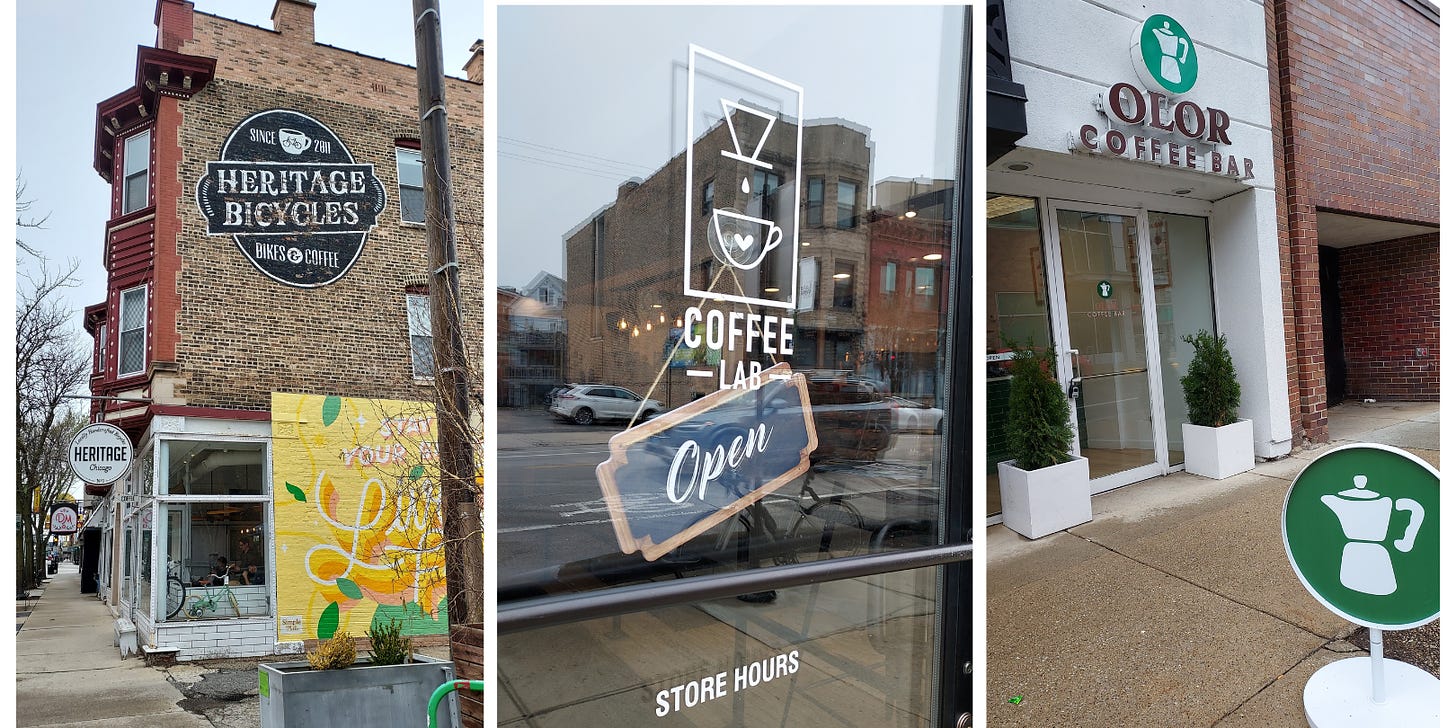 Three photos of coffee shop entries from the sidewalk.