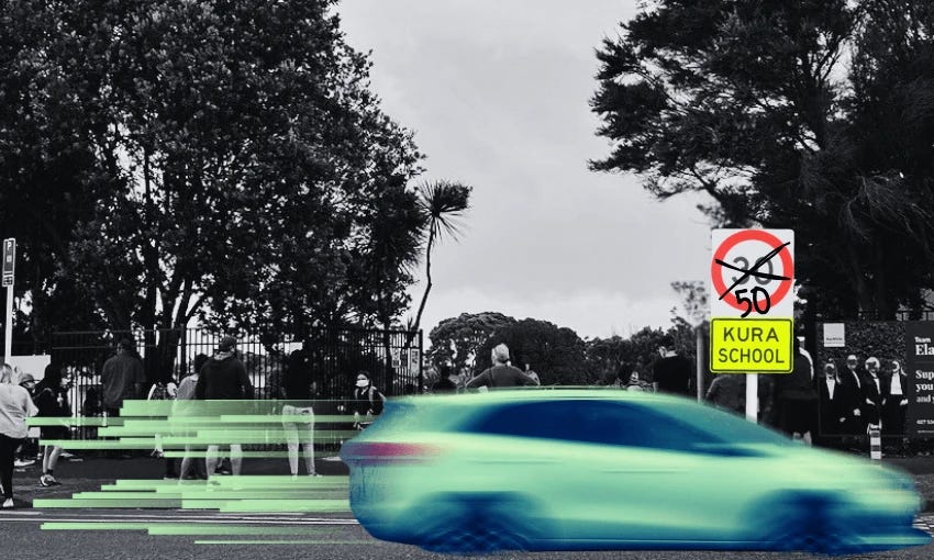 A digitally altered image shows a car speeding past a school zone sign that reads "Kura School," with a crossed-out 50, indicating reduced speed. The background has trees and a blurred group of people, emphasizing motion.