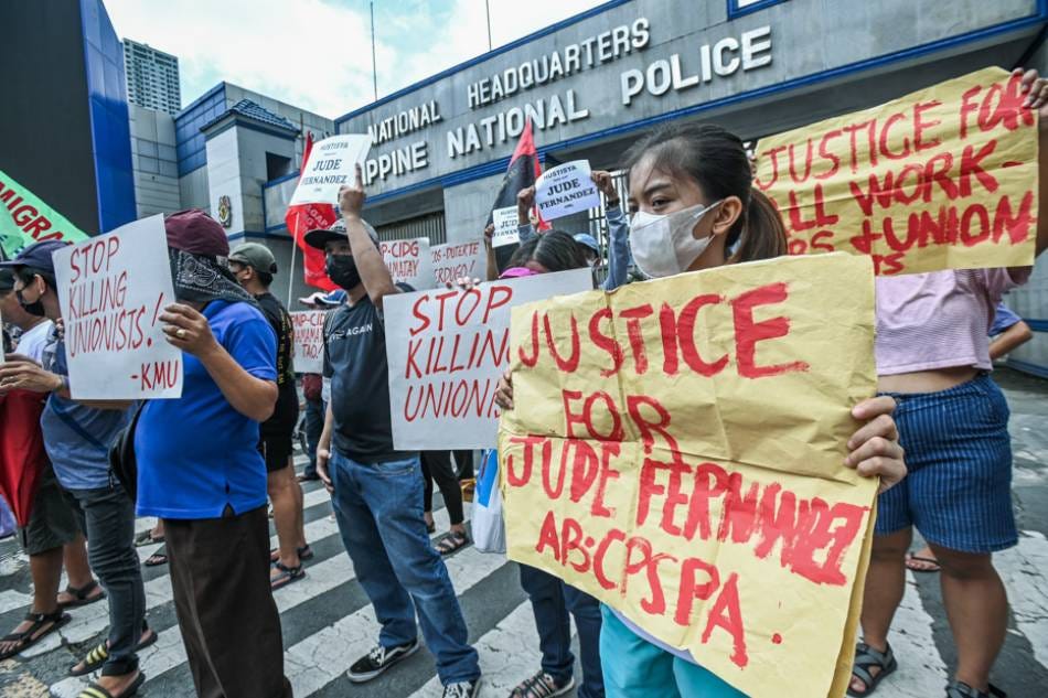 Labor rights advocates hold an indignation rally at Camp Crame in Quezon City on Thursday, in response to the brutal killing of veteran labor organizer Jude Thaddeus Fernandez of Kilusang Mayo Uno by elements of the PNP Criminal Intelligence and Detection Group (PNP-CIDG). The group refuted claims made by the CIDG that Fernandez resisted arrest and fought back while authorities were serving a search warrant on September 29. Fernandez is the 72nd victim of labor-related killings since 2016 and the fourth since the January 2023 ILO High-Level Tripartite Mission according to the group. Maria Tan, ABS-CBN News