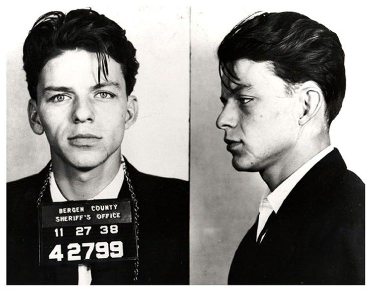 Frank Sinatra got mug shot after being arrested and charged with "carrying on with a married woman" in 1938.