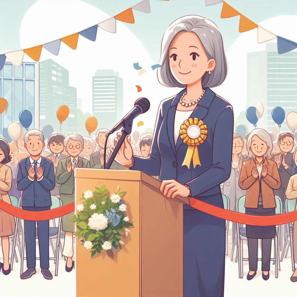 ilustración de una alcaldesa en la inauguración de un nuevo centro de mayores en su ciudad