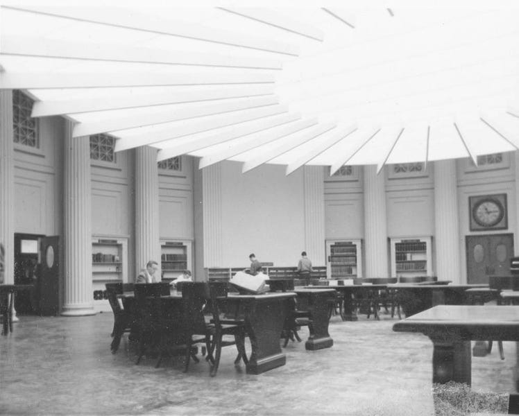 In the early 1950s, a plastic disc that was suspended about 20 feet above the library floor was installed. In the early 1950s, a plastic disc that was suspended about 20 feet above the library floor was installed.