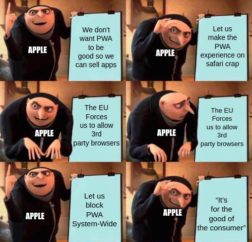 A meme on Apple trying to downgrade PWA experience on Mac to sell more apps