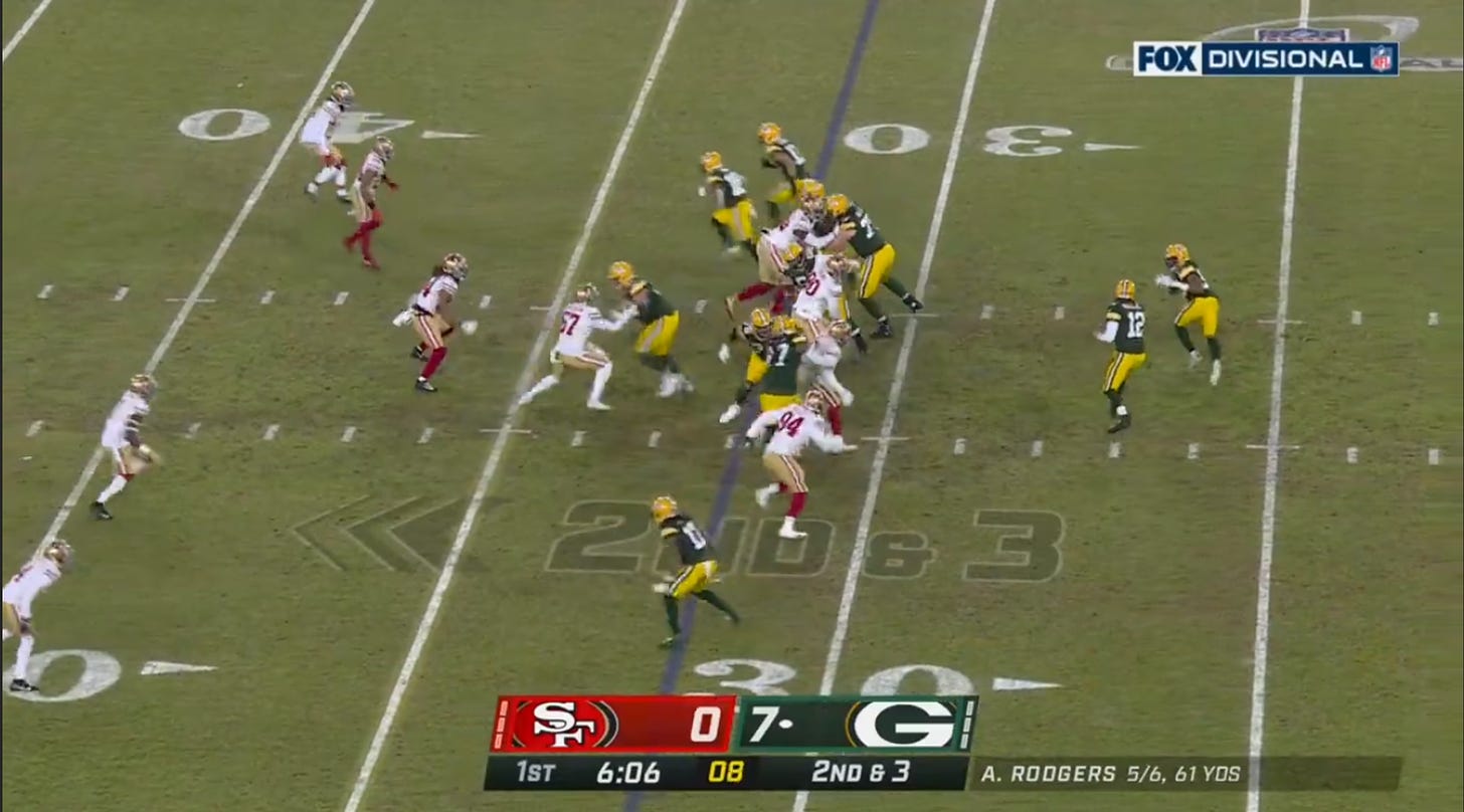 frame, post snap, from a game between the san francisco 49ers and the green bay packers