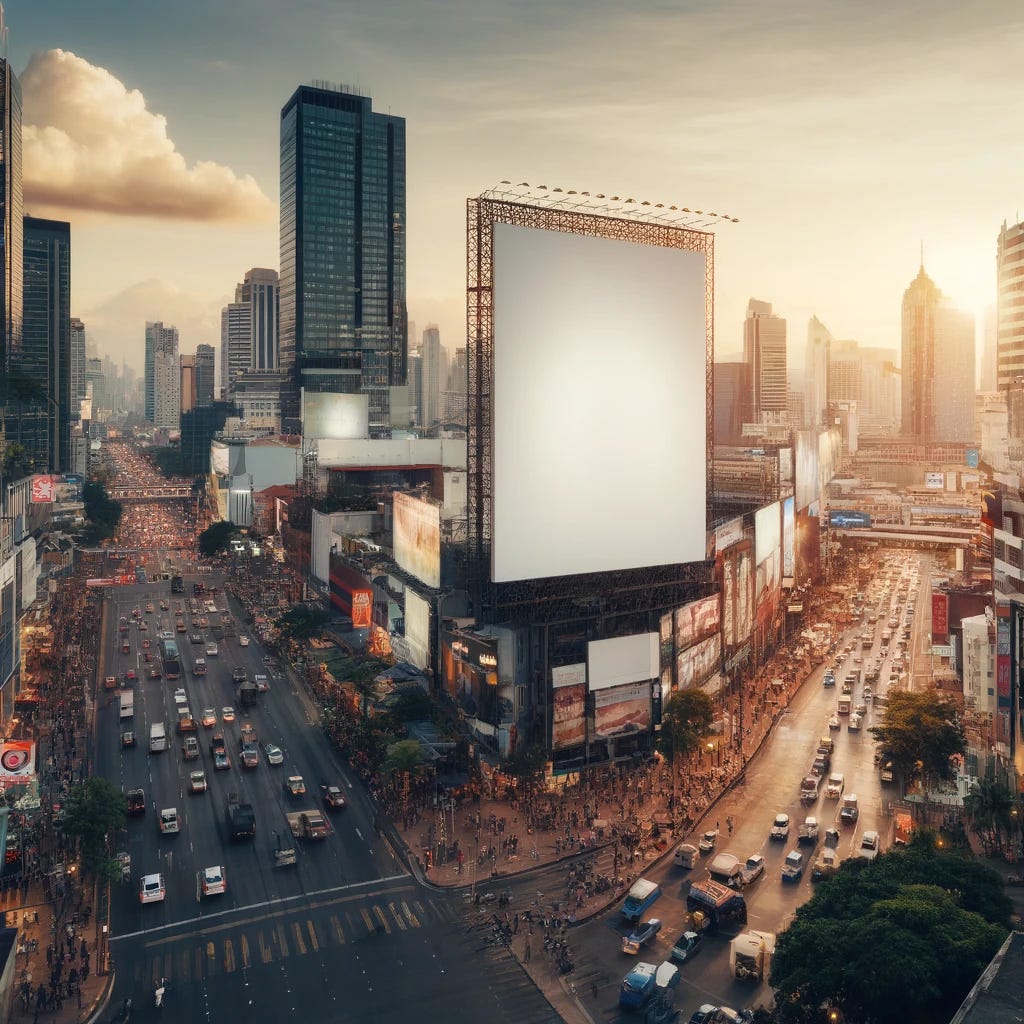 Create an image showcasing a larger, blank billboard that dominates the scene amidst a bustling cityscape. The city is alive with activity - pedestrians bustling, cars in a constant flow, and the dynamic life of an urban environment. Despite the hustle and bustle around it, the billboard captures immediate attention due to its size and prominent placement. It stands as a blank canvas against the backdrop of skyscrapers and urban vibrancy, inviting onlookers to imagine their own messages written across it. The setting sun in the background bathes the city in a golden hue, highlighting the billboard even further and adding a sense of warmth and potential to the scene.