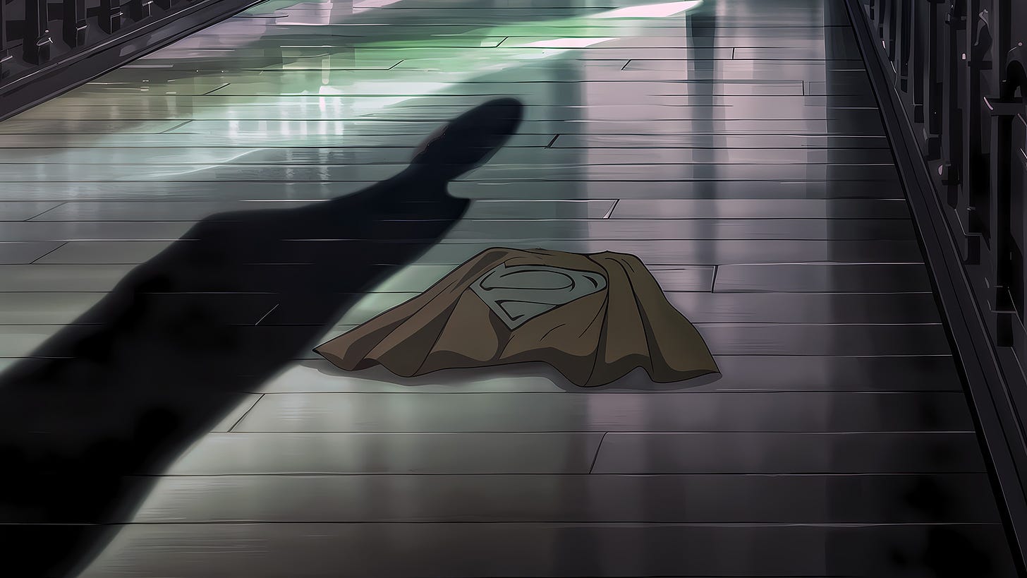 Digital illustration in anime style shows a Gothic cathedral interior. Afternoon light through a broken stained glass window casts green beams across hardwood floors. A discarded superhero cape lies centered on the floor, while a human shadow stretches toward it in farewell. The shadow's source remains unseen. The composition uses gothic arches and parallel lines to guide focus. Illustrates the poem 'After the Secret' about autistic identity and moving beyond masking toward authenticity. Digital tools included AI.