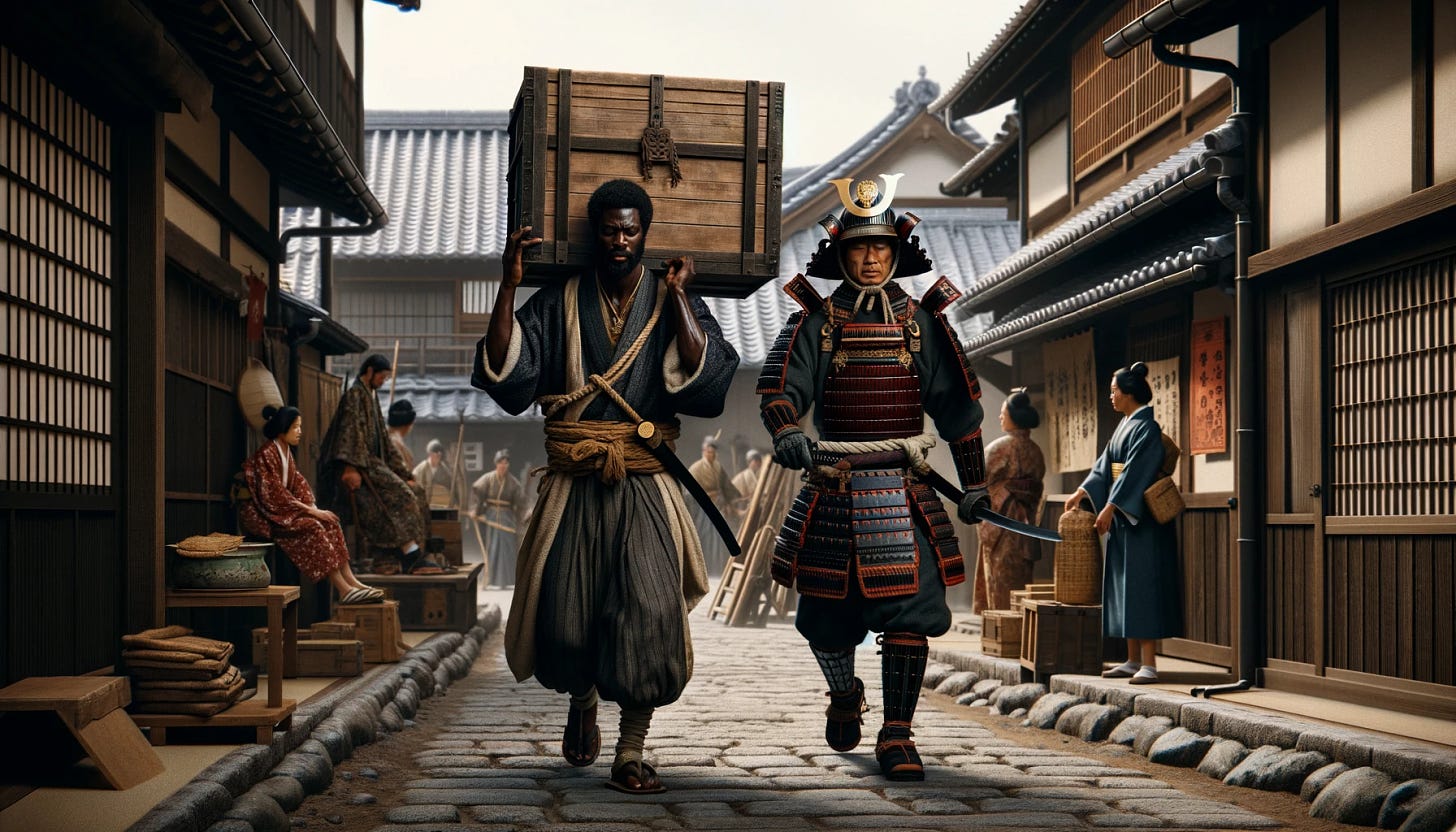 A realistic scene depicts a Black African man, attired in detailed, accurate traditional Japanese clothing of the Edo period, laboriously carrying a heavy wooden chest on his back. He follows a samurai, who is depicted with precision and authenticity in full traditional armor, showcasing intricate designs that reflect his status. They are walking along a historically accurate depiction of a street in a bustling Edo period Japanese town. The environment around them is rich with detail, including traditional wooden buildings, stone pathways, and other townspeople engaged in daily activities, all rendered with a focus on realism and historical accuracy. The image captures the effort and dedication of the man as he undertakes his task, set against the backdrop of cultural interaction and historical depth.