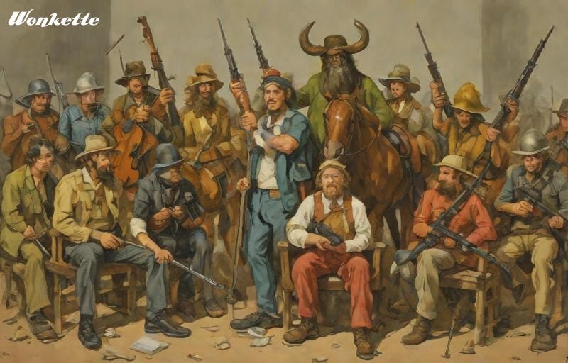 AI generated image of a bunch of guys in old-timey costumes holding either musical instruments or surreal guns. Two — wait, three! — wear conquistador helmets for some reason. One man standing next to a horse has horns growing out of his head. Another wields a club with a gun barrel coming out of it. 