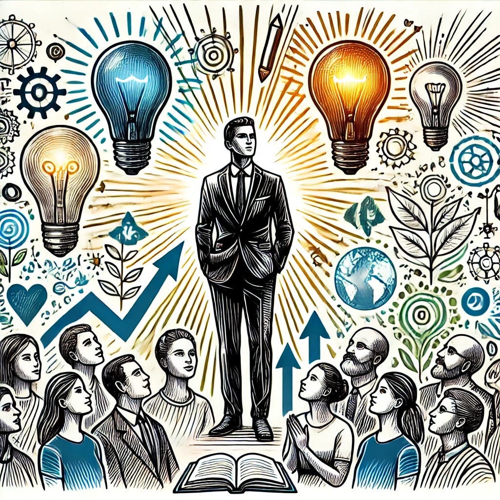 A hand-drawn illustration representing transformational leadership. The central figure is a charismatic leader standing confidently, surrounded by glowing symbols of inspiration such as light bulbs, representing innovation and intellectual growth. Around the leader are diverse individuals who are looking up with enthusiasm and optimism, symbolizing followers who are inspired to achieve shared goals. The leader is depicted as guiding and mentoring, with symbols of coaching such as open books and growing plants, representing personal and intellectual growth. In the background, abstract symbols of emotional intelligence and cultural diversity are represented by different patterns and global motifs. The overall style is dynamic and uplifting, emphasizing confidence, boldness, and intellectual stimulation. The tone is positive and motivational, with bold lines and modern, clean design.