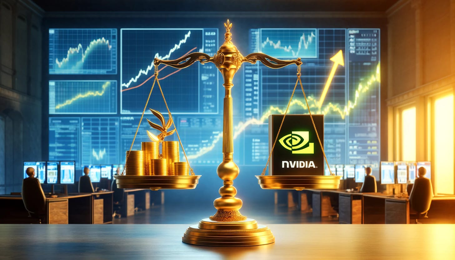 A wide horizontal image depicting the investment dilemma with Nvidia stock. In the center, a golden scale with two pans: one pan holds gold coins and symbolizes selling (with a dollar symbol above), and the other pan holds an upward trending stock chart symbolizing buying (with an upward arrow sign above). The background features a modern office environment with multiple widescreen displays showing financial charts. The scene conveys a tense moment of financial decision-making, ideal for a wide format.