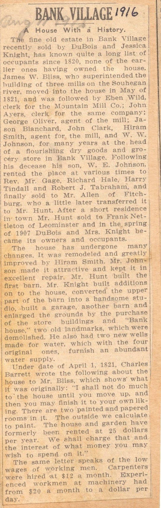 newspaper clipping about a bank village house