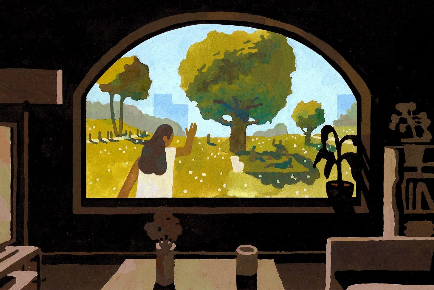 An illustration of a darkened home with a big bright window revealing a woman waving and walking toward several people on a blanket in a park with trees.