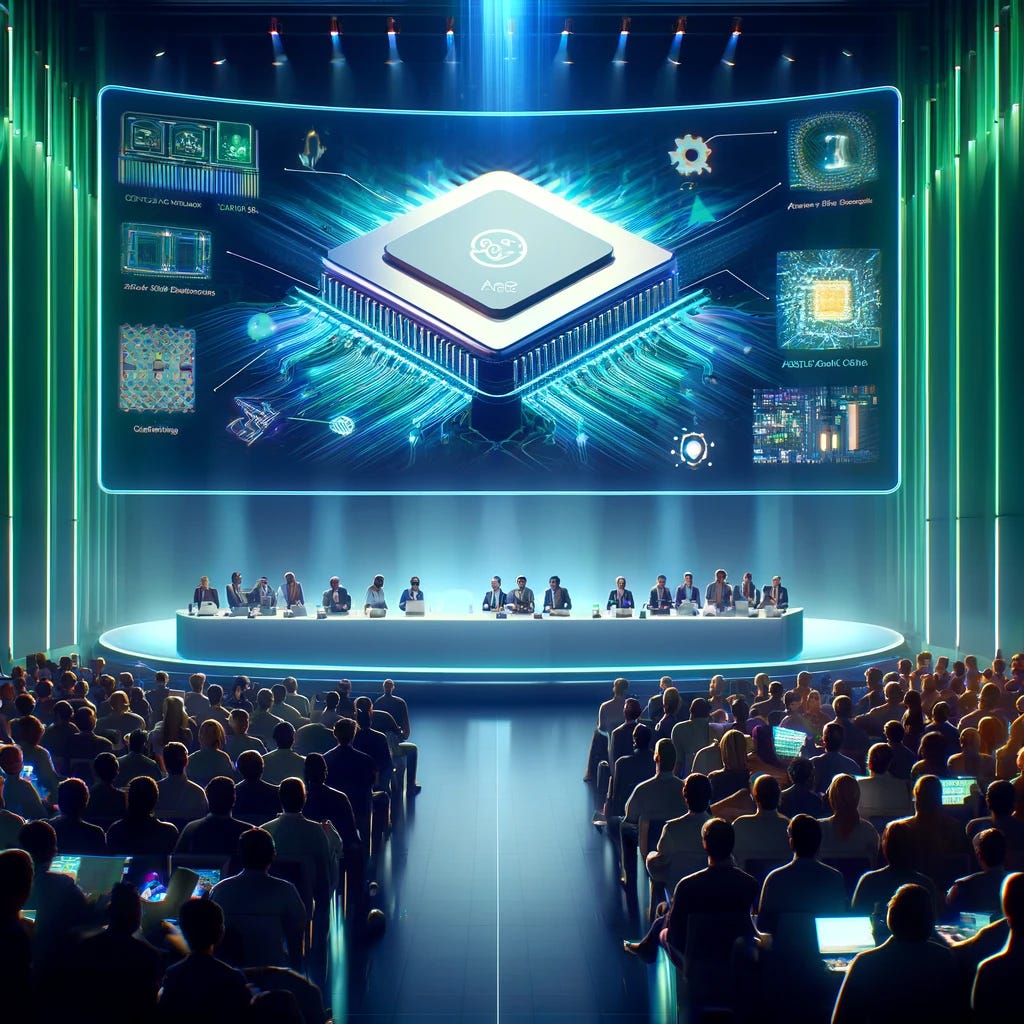 A high-tech illustration depicting the unveiling event of Google's new Arm-based data center processor and a new AI chip. The setting is a sleek, modern conference room filled with excited attendees, including industry experts and tech journalists. The main focus is on a large screen displaying detailed diagrams and specifications of the Arm-based processor and the AI chip, highlighting their advanced features and capabilities. The environment is vibrant, illuminated by ambient blue and green lighting that casts a futuristic glow over the scene. The atmosphere is charged with anticipation and the promise of next-generation technology.