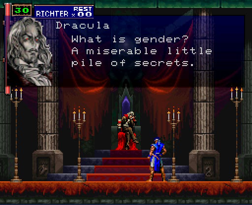 A meme from Castlevania: Symphony of the Night. Dracula muses, "What is gender? A miserable little pile of secrets."