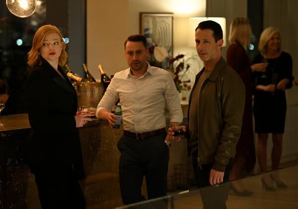 Party time: from left, Sarah Snook, Kieran Culkin and Jeremy Strong in “Succession.”