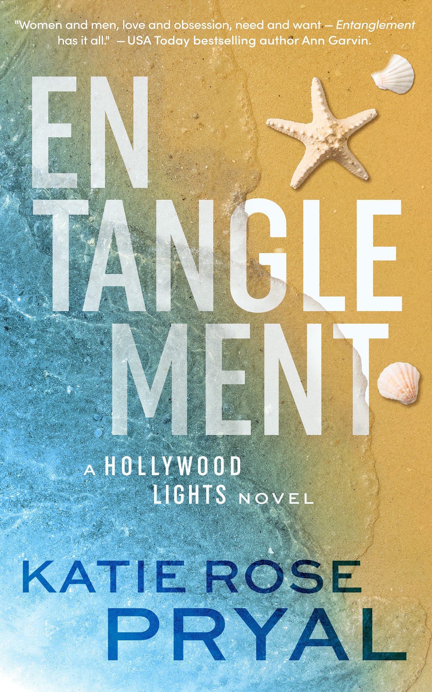 Book cover with white text "Entanglement" with background of beach sand and sea shells
