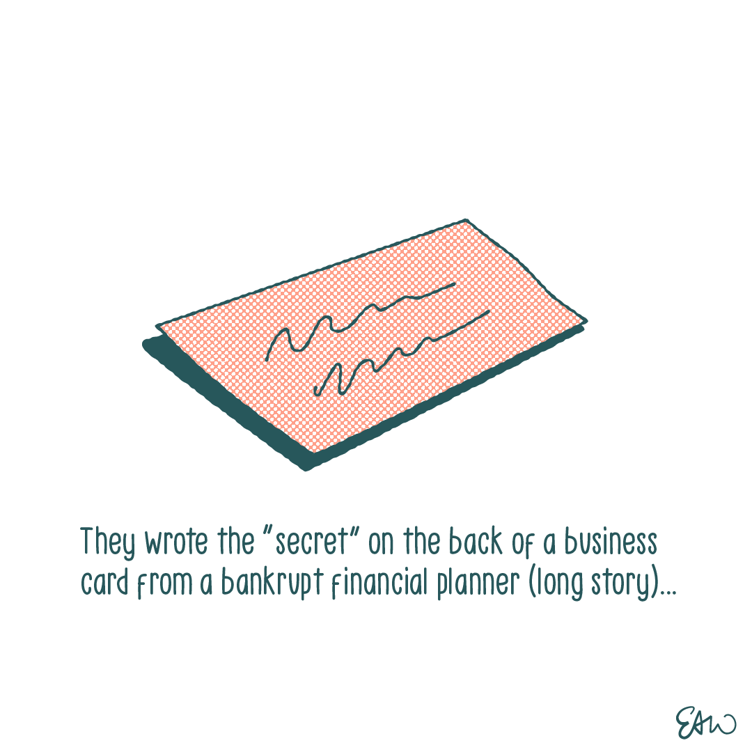 Panel two of ten. The caption reads, “They wrote the secret on the back of a business card from a bankrupt financial planner.” Then in brackets it says, “long story.” At the centre of the panel is an illustration of a business card with ineligible handwriting on it.