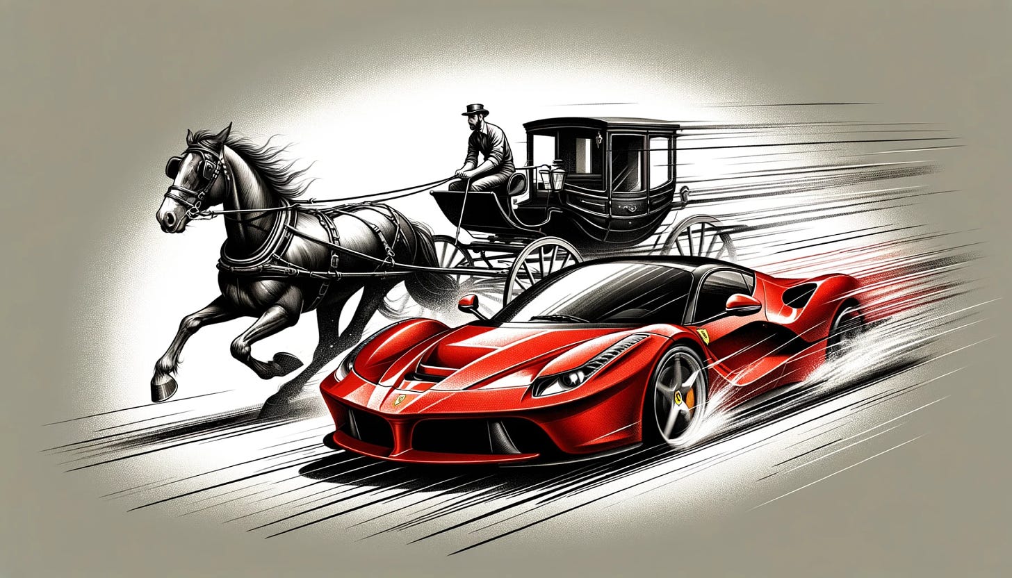 Illustrate a scene where a horse and carriage are racing against a red sports car, reminiscent of a Ferrari. The horse and carriage should be on the left, depicted in full gallop, with the carriage driver leaning forward, emphasizing speed and motion. The sports car on the right should be sleek and modern, with a design suggesting high performance. The background should be a blur, representing the high speed of the race. This dynamic scene should capture the contrast between traditional and modern modes of transportation.