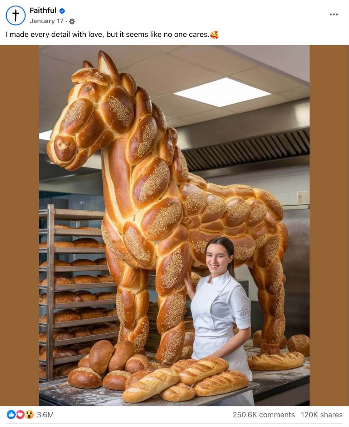 AI-generated image of female baker standing next to bread horse
