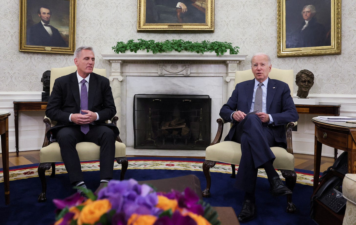 U.S. President Joe Biden holds debt limit talks with House Speaker Kevin McCarthy at the White House in Washington