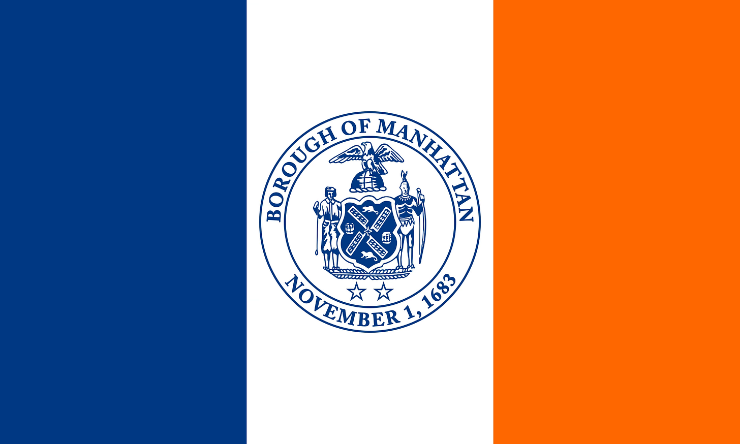 "Borough of Manhattan. November 1, 1683": La bandera no oficial del distrito de Manhattan es muy similar a la bandera de la ciudad de Nueva York. La única diferencia con la bandera de la ciudad es el uso del sello del municipio en lugar del sello de la ciudad. El sello es similar al de la ciudad, pero de forma circular. Tiene dos estrellas debajo y está rodeado por la inscripción "Barrio de Manhattan 1 de noviembre de 1683". La fecha en la parte inferior es la fecha en la que la provincia de Nueva York fue dividida en doce condados por el gobernador de Nueva York, Thomas Dongan, y se creó el condado de Nueva York (Manhattan), con la misma frontera en uso hoy en día. [Fuente de esta descripción y la imagen: https://en.wikipedia.org/wiki/Flags_of_New_York_City]