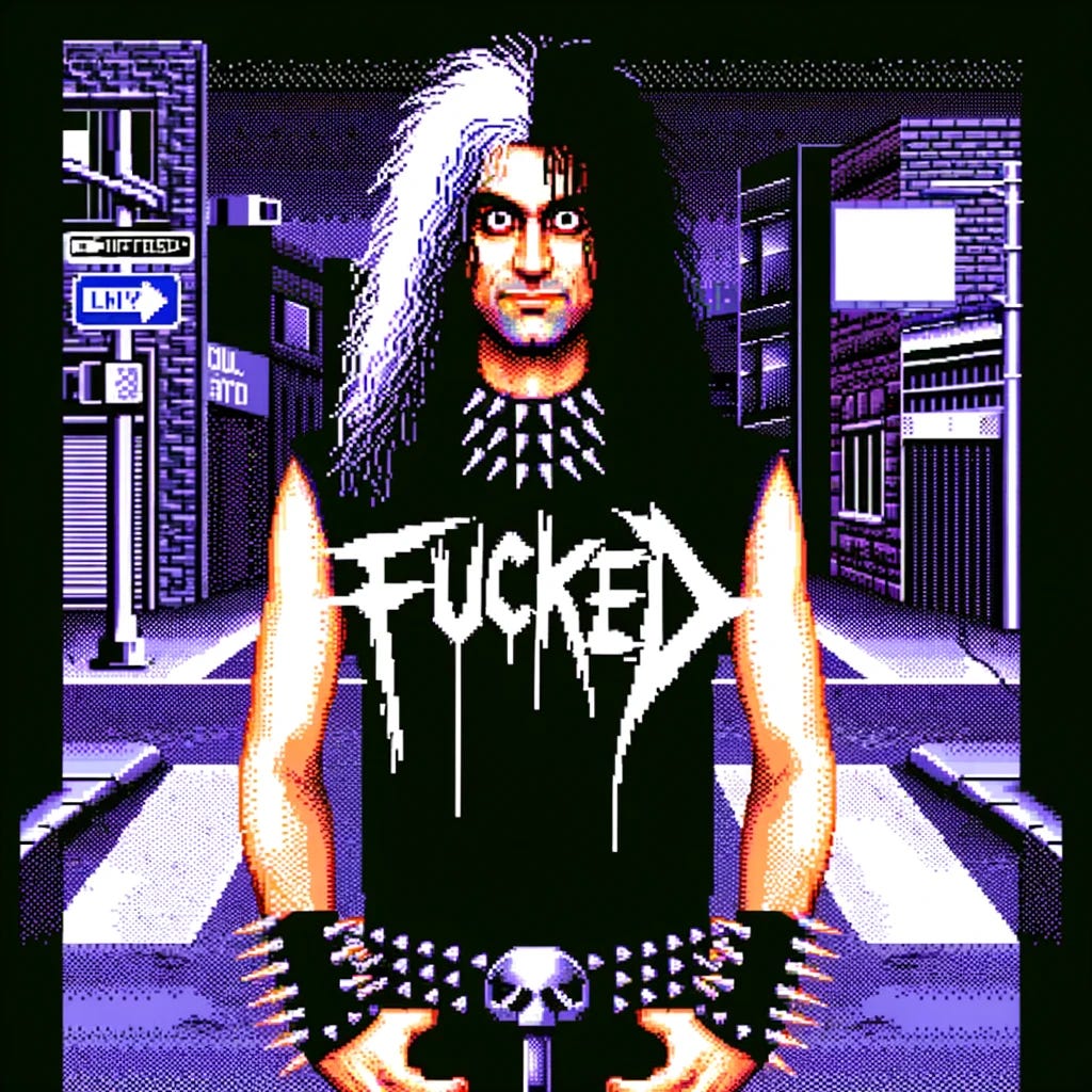 Create an image in the style of a low-resolution 16-bit Neo-Geo SNK game, featuring a rocker/metalhead/hardcore looking character without any studs or spikes, wearing an inverted colorway t-shirt with the word "FUCKED" in large, uneven white letters on a black shirt. The character should have a rock and heavy metal aesthetic, with long hair or a wild hairstyle, and a tough demeanor, but no spikes or studs. The background is a gritty Los Angeles street scene, in a classic 90s arcade game style, with pixelated buildings and dimly lit streets.