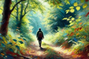 Illustration of a person walking down a forest path