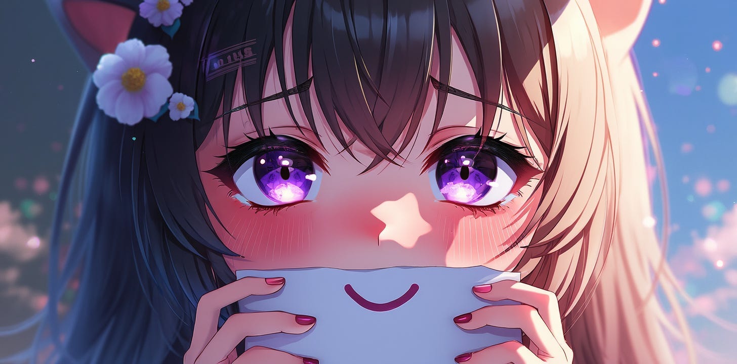 Flux.1 Prompt: beautiful anime artwork, a cute anime catgirl that looks depressed holding a piece of paper with a smile drawn on it over her mouth, she is about to cry