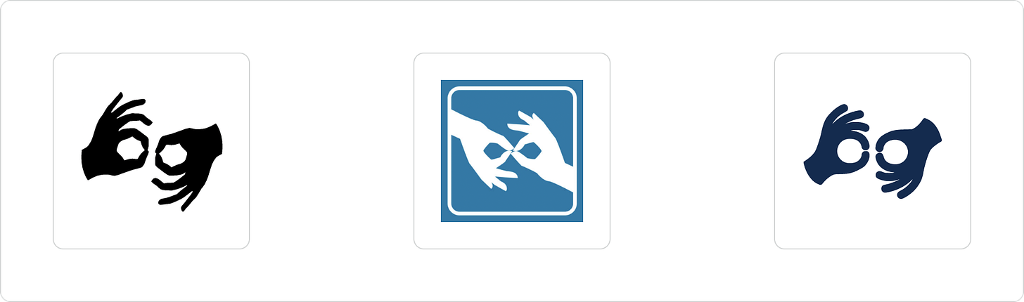 Tři ikony s rukama znakujícíma „překladatel“ nebo „překládat“ v americkém znakovém jazyce.