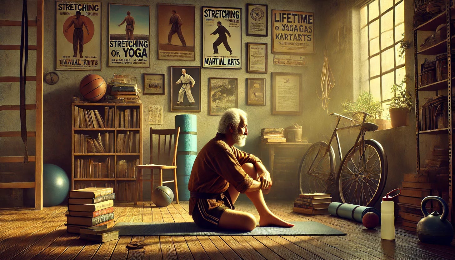 A reflective scene of a man in his late middle age sitting in a room with books and fitness equipment scattered around. The room has a soft, nostalgic glow, as if lit by sunlight from a window. The man is in a stretching pose, perhaps seated on the floor or in a relaxed yoga position, surrounded by books on stretching, yoga, and martial arts. On the walls, there are old posters or martial arts certificates. The feeling should convey a lifetime journey of dedication, inconsistency, and quiet perseverance. There’s a mix of calm and frustration, with the man deep in thought, possibly looking at an old yoga mat or a karate belt.