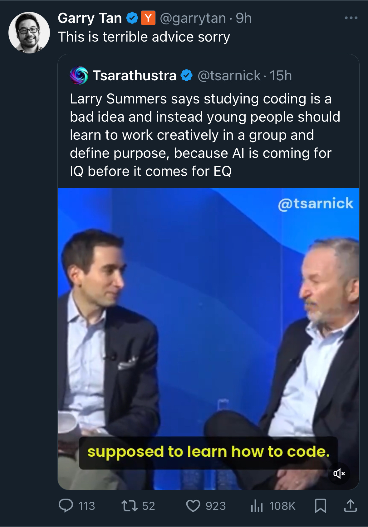 Larry Summers dunking on coding.