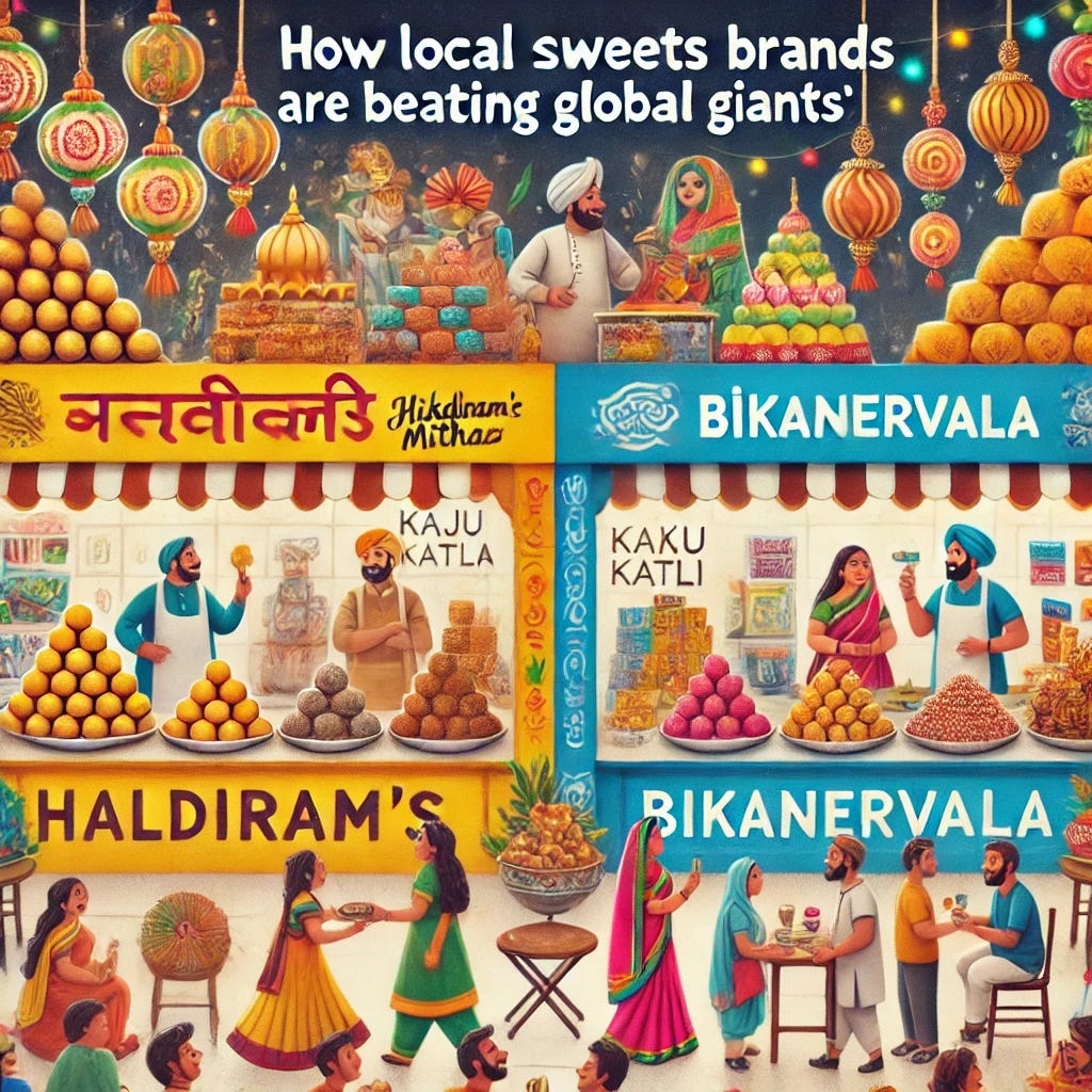 An engaging and vibrant illustration depicting the success of Indian mithai brands like Haldiram's and Bikanervala compared to global dessert brands. The image shows a traditional Indian mithai counter with colorful sweets like laddoos, kaju katli, and jalebis on one side, contrasted with Western desserts like chocolates and pastries on the other. The Indian side is depicted as bustling, with happy customers and a vibrant atmosphere, while the global side is quieter. The scene incorporates elements of Indian culture, like traditional packaging and festive decorations, emphasizing the roots of Indian traditions. Text overlay reads: 'How Local Sweets Brands Are Beating Global Giants' in bold, cheerful fonts.