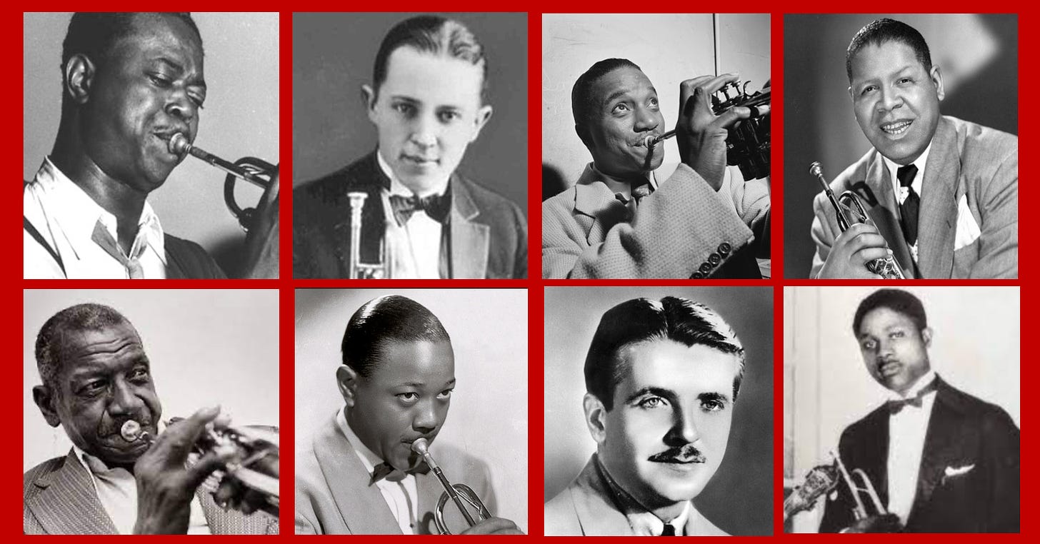 Photo collage of 8 jazz trumpeters
