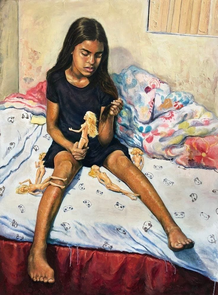 A painting of a young white girl sitting on a bed, holding a doll in her hands and surrounded by other dolls, with a contemplative expression. A painting of a young white girl sitting on a bed, holding a doll in her hands and surrounded by other dolls, with a contemplative expression.