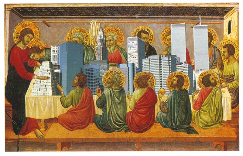 postcard collage of The Last Supper woth Manhattan on the table