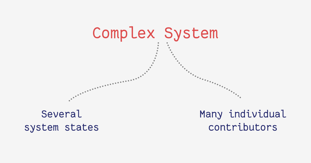 A complex system is defined by two characteristics: it has several system states and building it includes efforts of many individuals.