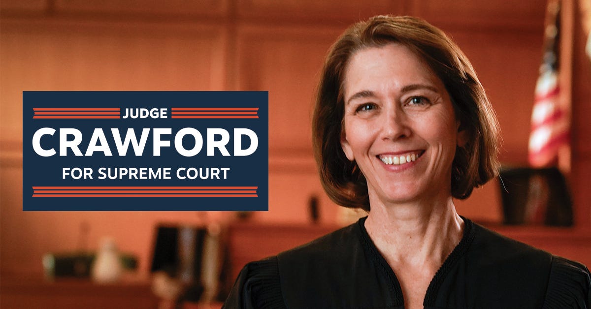 Judge Crawford for Supreme Court ad, with Crawford in robes beside the banner